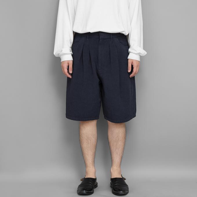 FARAH / Two Tuck Wide Shorts (Cotton Linen Twill-Navy)