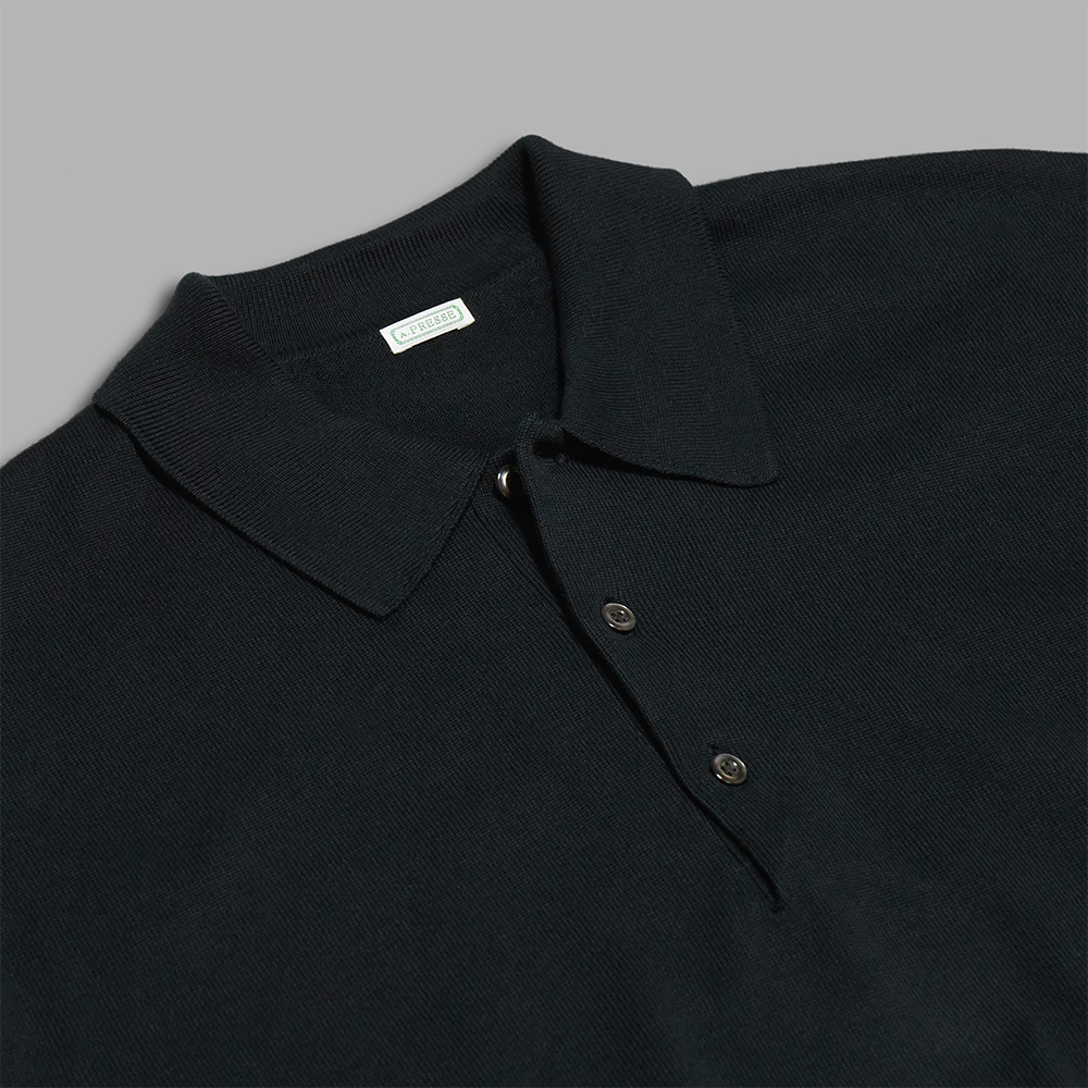 A.PRESSE / Cotton Knit L/S Polo Shirt (Black) | twelve
