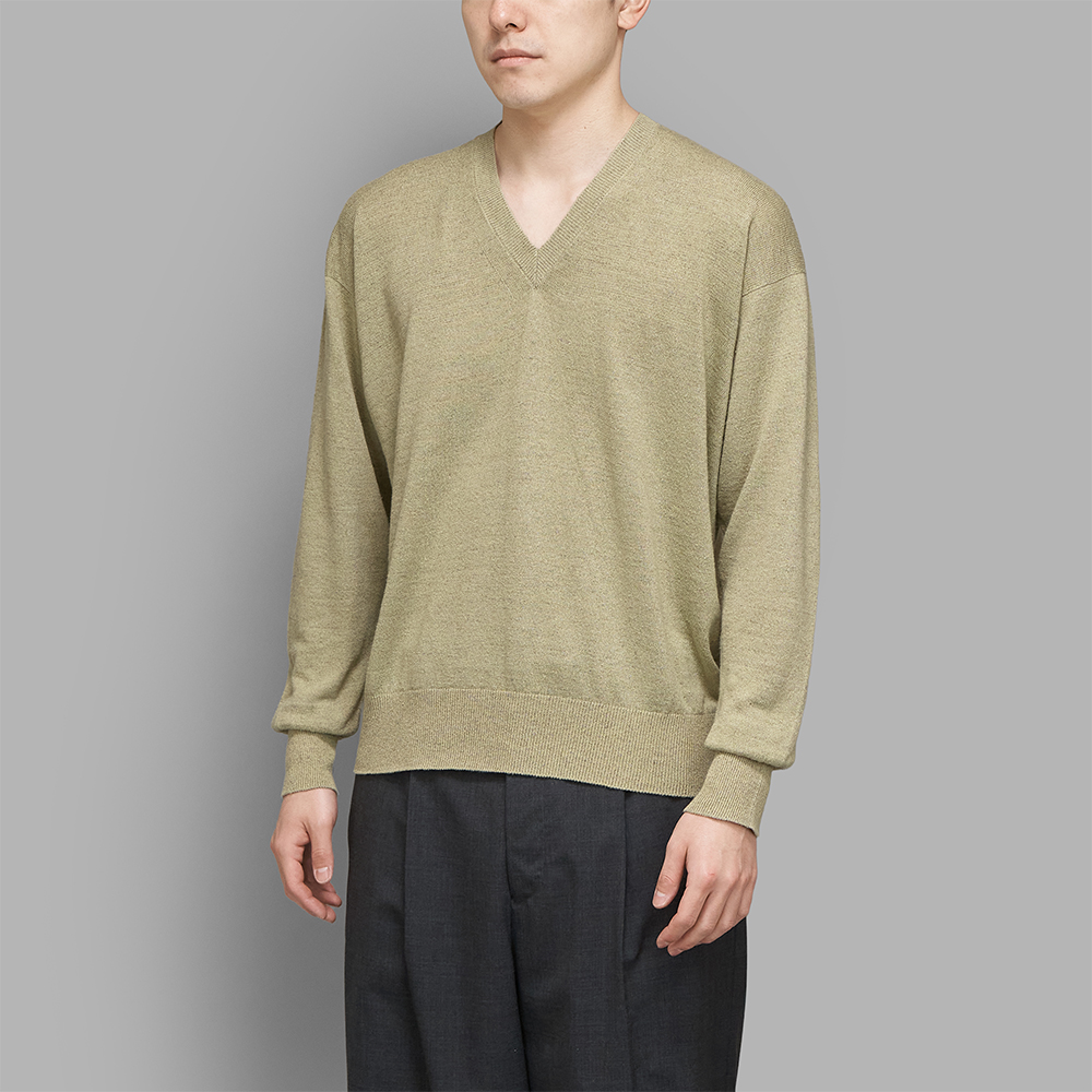 Olde H & Daughter / Linen / Silk Plain Stitch V Neck L/S (Meadow)