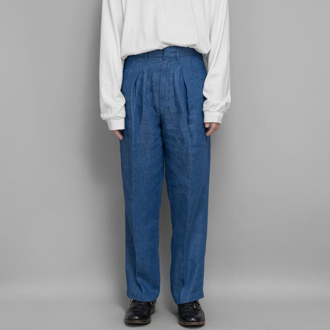 FARAH / Two Tuck Wide Tapered Pants (Linen Denim-Blue)