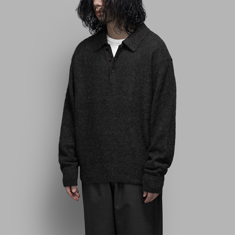 A.PRESSE / Brushed Cashmere Middle Gauge Polo Collar Sweater (Charcoal)