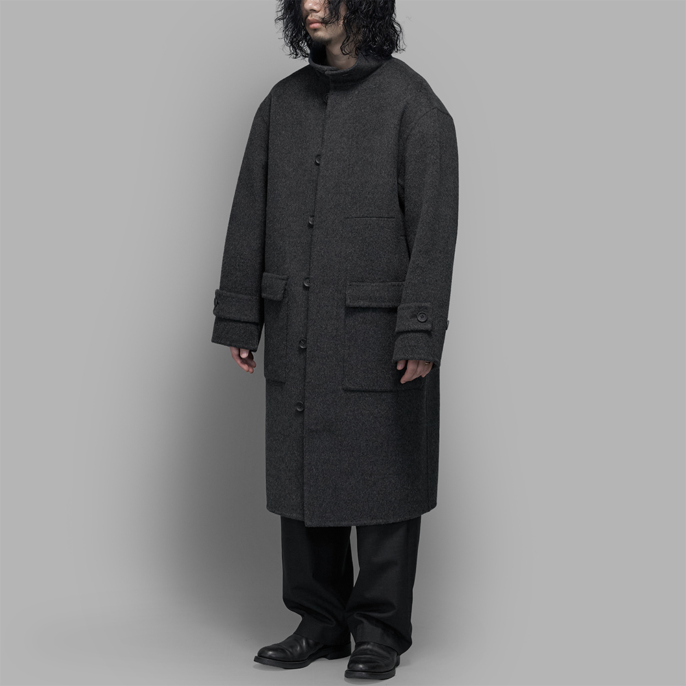 POSTELEGANT / Wool Rever Stand Collar Coat (Charcoal Grey)