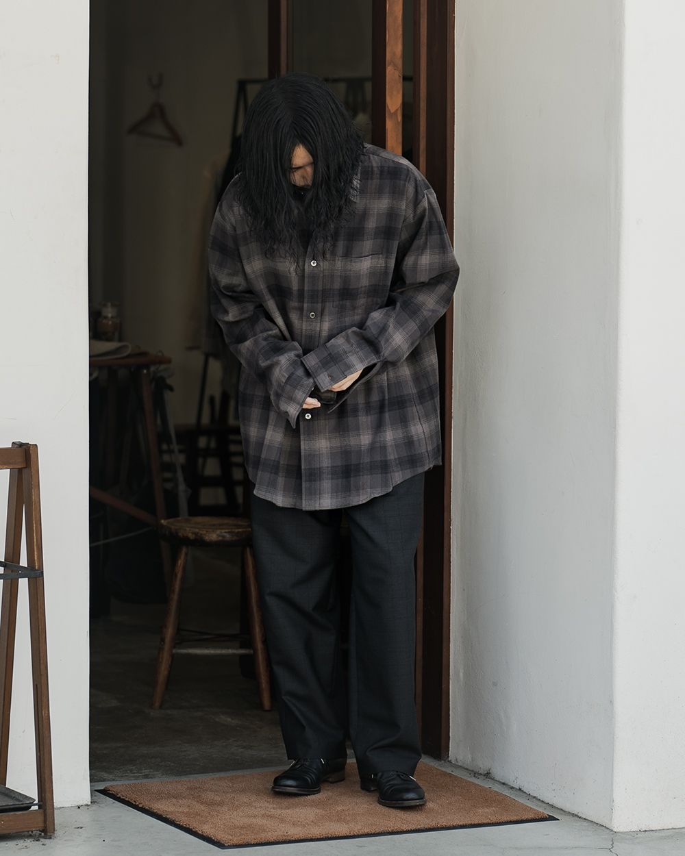 stein / Oversized Cotton Flannel Shirt (Grey Khaki Check) | twelve